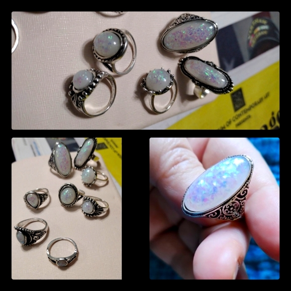 5/25 8 silver ring lot bohemian style rings white opal colored stones unique - Picture 6 of 8